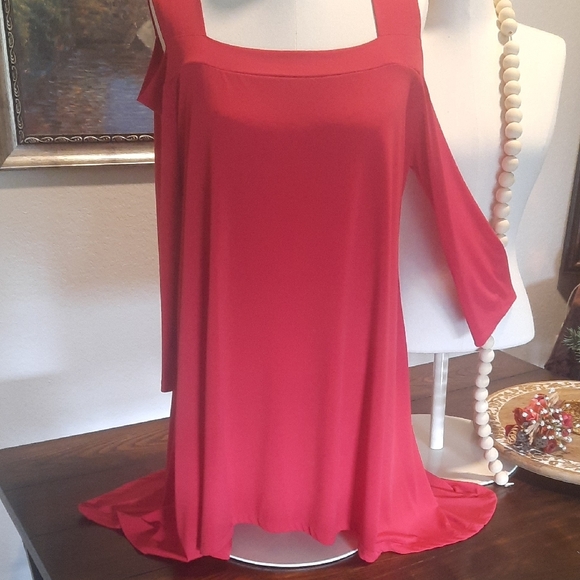 Chico's Tops - Red Cold Shoulder Shark Bite Tunic